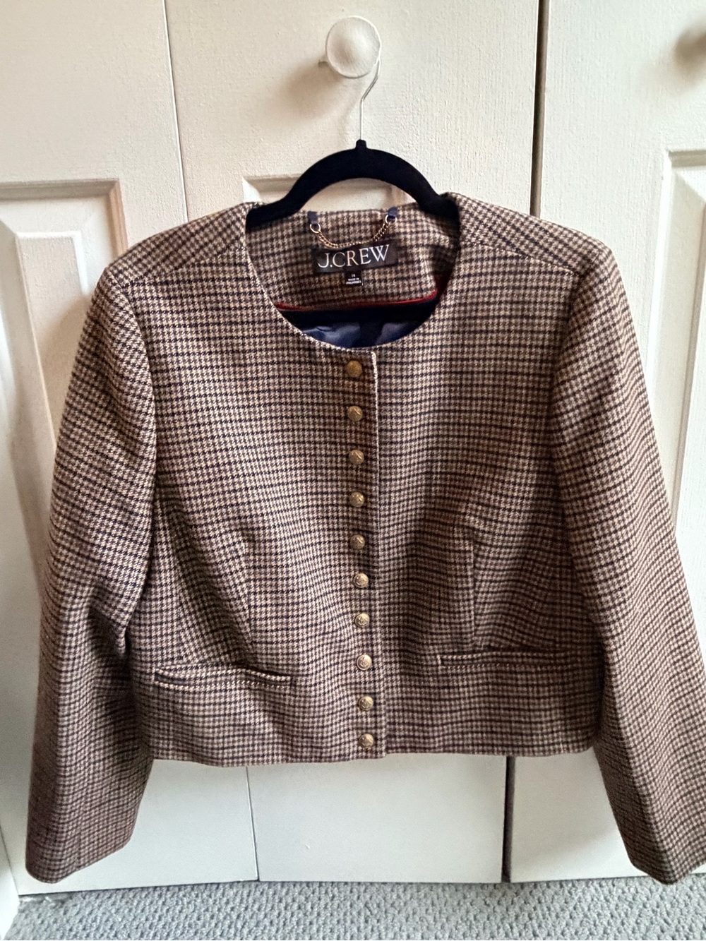 J. Crew Women's Brown Houndstooth Cropped Button Jacket